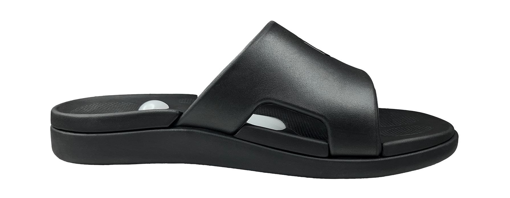 Side view of current Flex 3 Fitness Slides model with white heel ball.